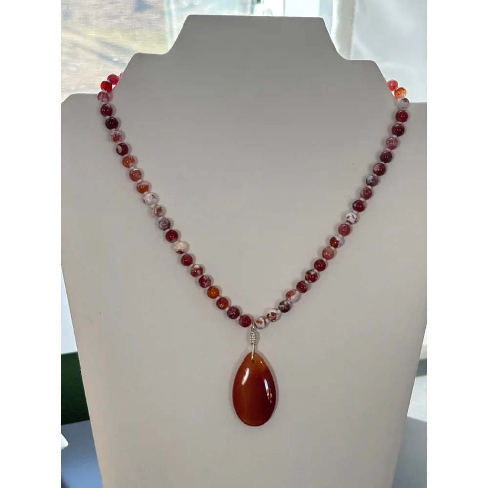 Handmade Fire Agate Beaded Necklace with Carnelian Pendant One Size